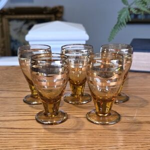 Vintage Amber Art Deco Shot Glasses - Gold Banded Mid-Century Barware - Set 5